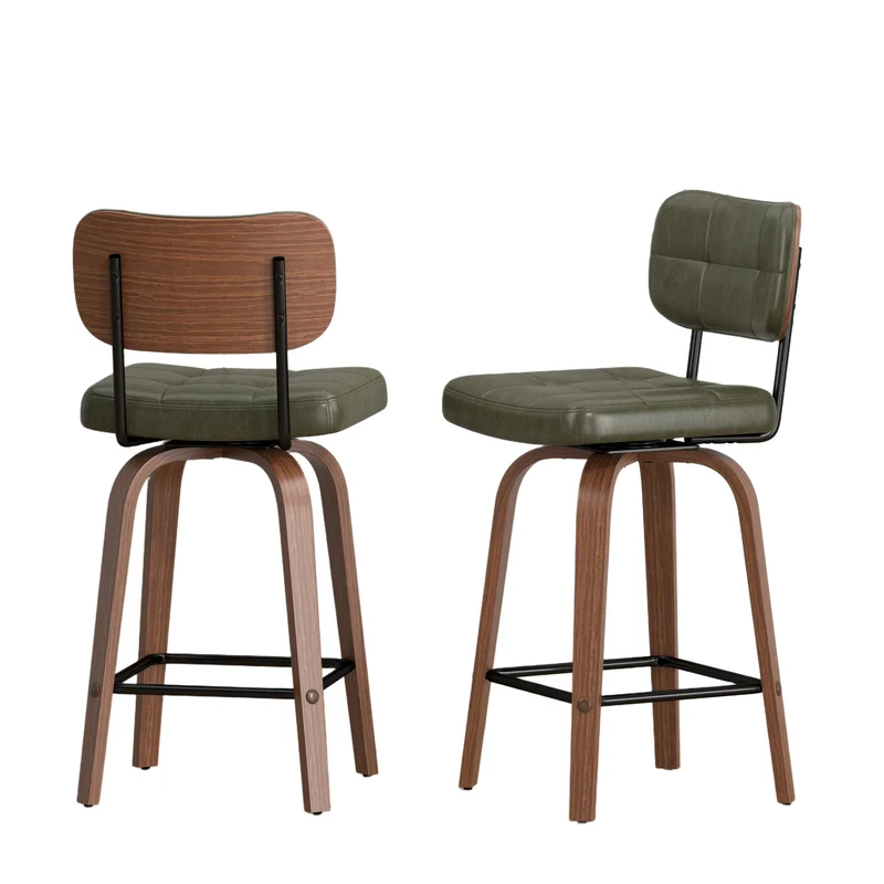 Lot de 2 tabourets de bar en bois noyer et PU vert pivotants 360° H94cm style vintage RUSTICWALNUTELITE