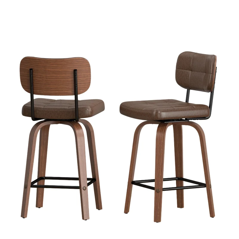 Lot de 2 tabourets de bar en bois noyer et PU marron pivotants 360° H94cm style vintage RUSTICWALL
