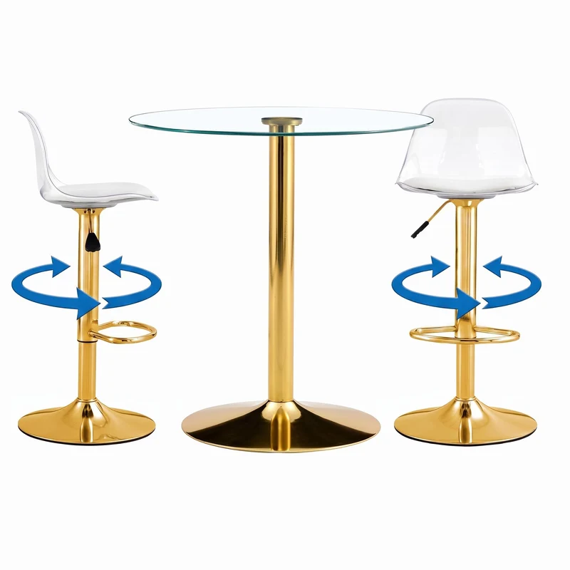 Ensemble bar table ronde et 2 tabourets pivotants transparents dorés PLANTONE