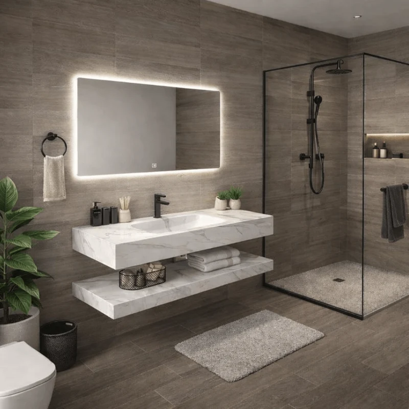 Lavabo Calia con espejo LED · Conjunto suspendido de baño