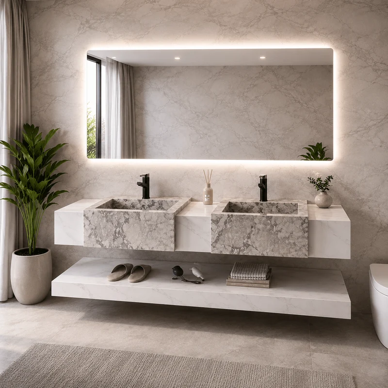 Lavabo Atlas piedra sinterizada con espejo LED · Conjunto suspendido de baño