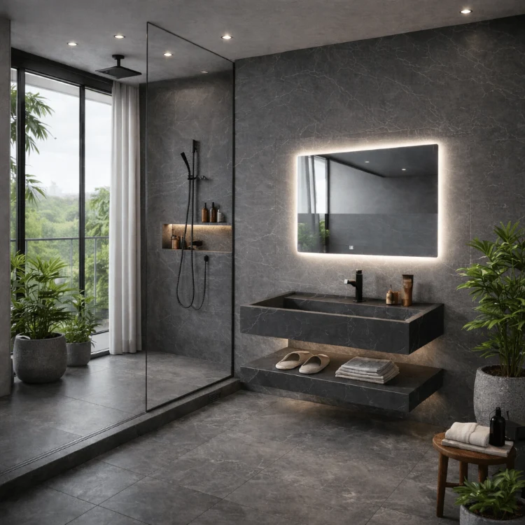 Lavabo Nero de piedra sinterizada negra con espejo LED – Conjunto suspendido de baño 100 y 120