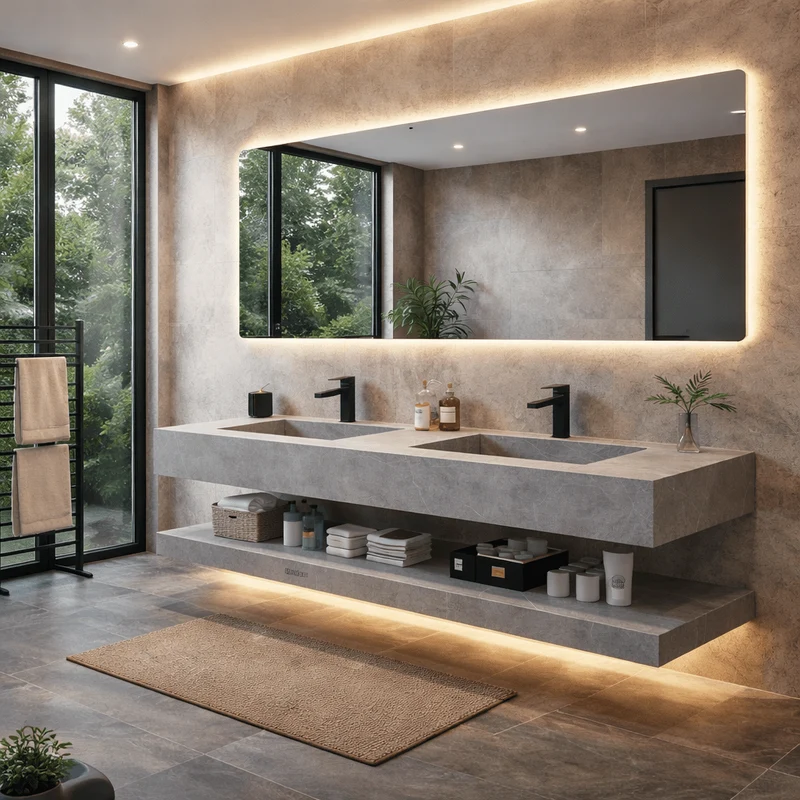 Lavabo Essenza de piedra sinterizada con espejo LED 140 – Conjunto suspendido de baño