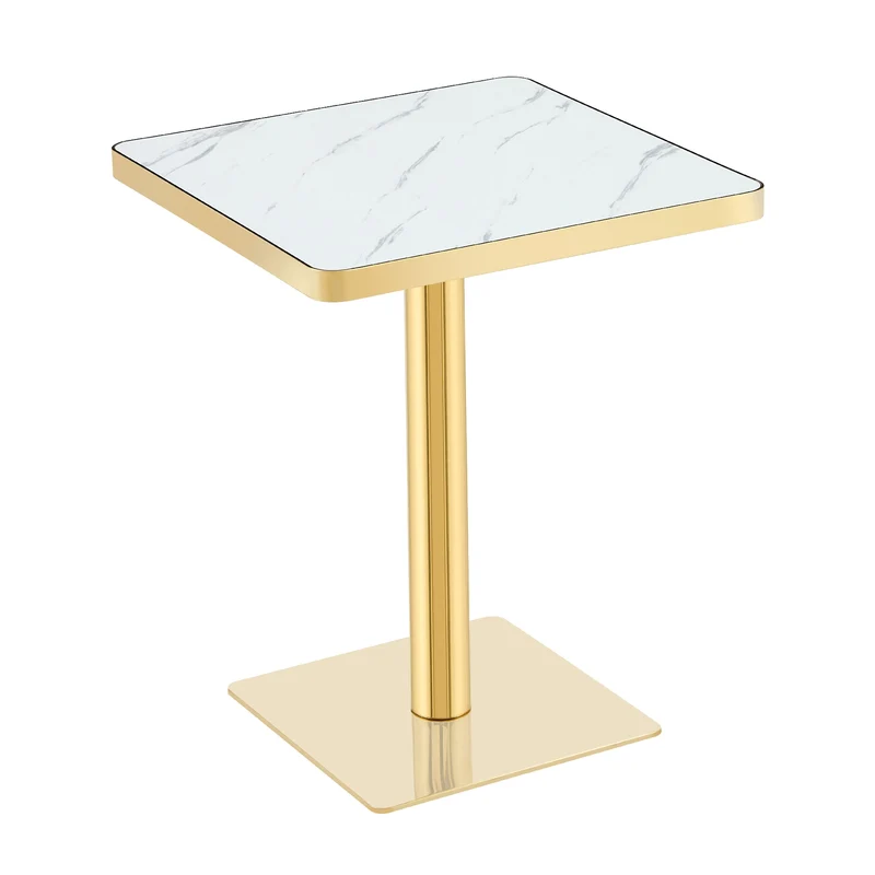 Table de salle à manger carrée effet marbre blanc avec piètement métal doré 60x60cm PINEBENCH