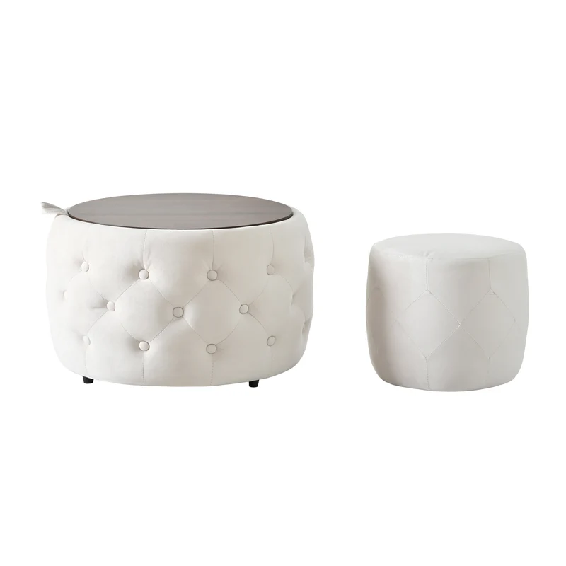Poufs gigognes ronds en velours beige empilable avec rangement QUADRUG