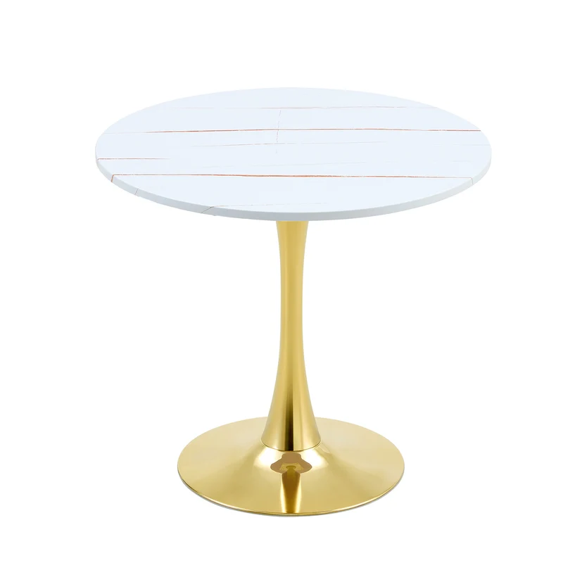 Table de salle à manger ronde effet marbre blanc et pieds dorés forme tulipe Ø80 cm PINESTYLE