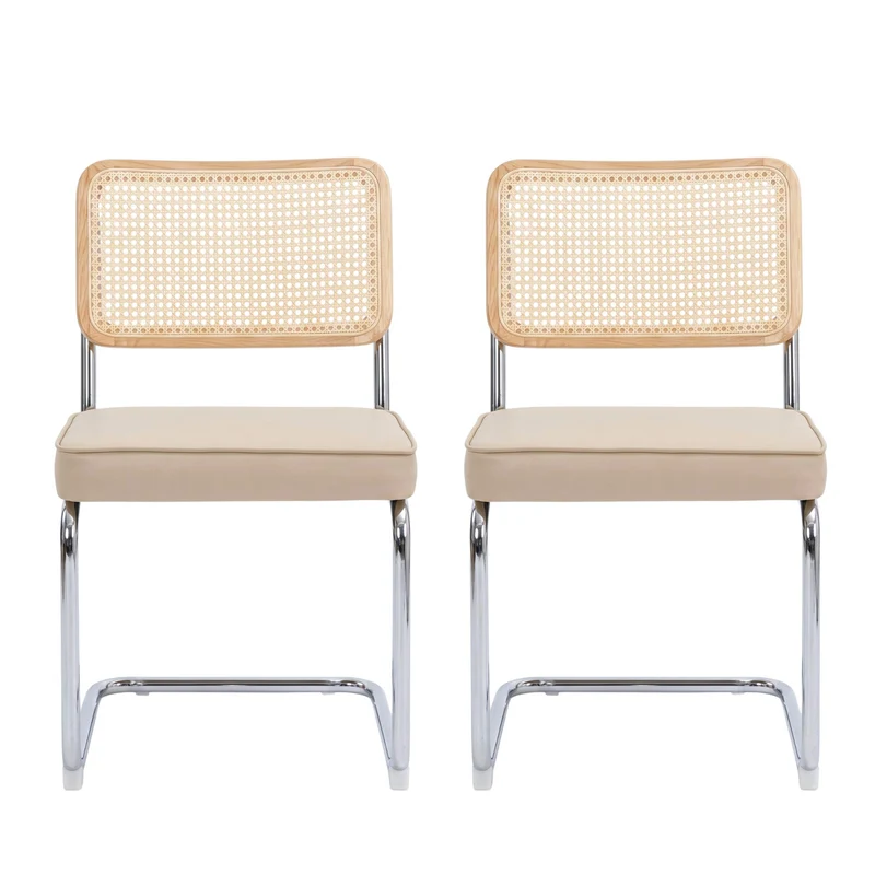 Lot de 2 chaises de salle à manger Breuer en velours beige et dossier en rotin, pieds chromés PLANTCRAFT