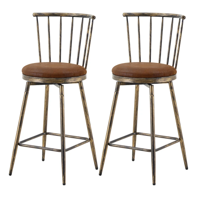 Lot de 2 tabourets de bar pivotants tissu marron effet bronze vieilli, style Windsor industriel PINEBASKET