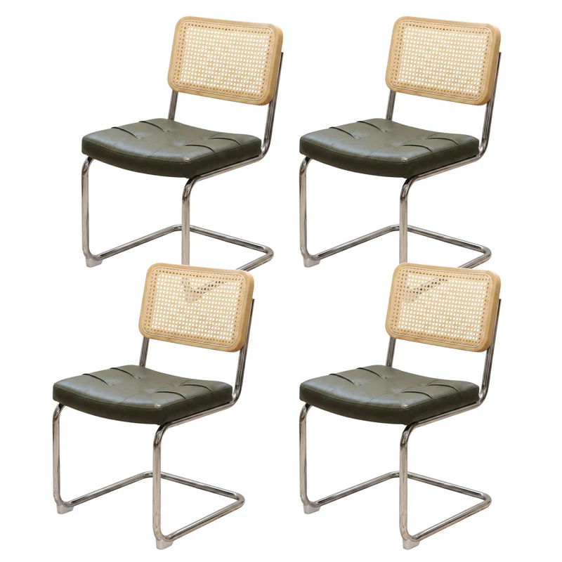 Lot de 4 chaises de salle à manger Breuer en PU vert et dossier en rotin, pieds chromés PLANTFLEX