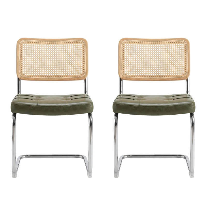 Lot de 2 chaises de salle à manger Breuer en PU vert et dossier en rotin, pieds chromés PLANTLINE