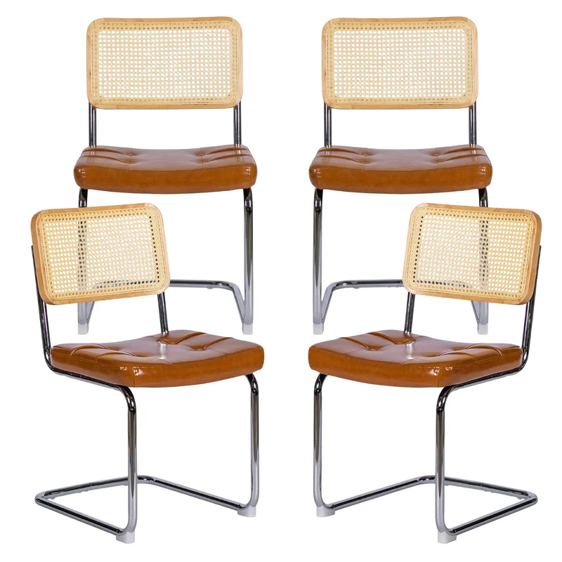 Lot de 4 chaises de salle à manger Breuer en PU caramel et dossier en rotin, pieds chromés PLANTMAX