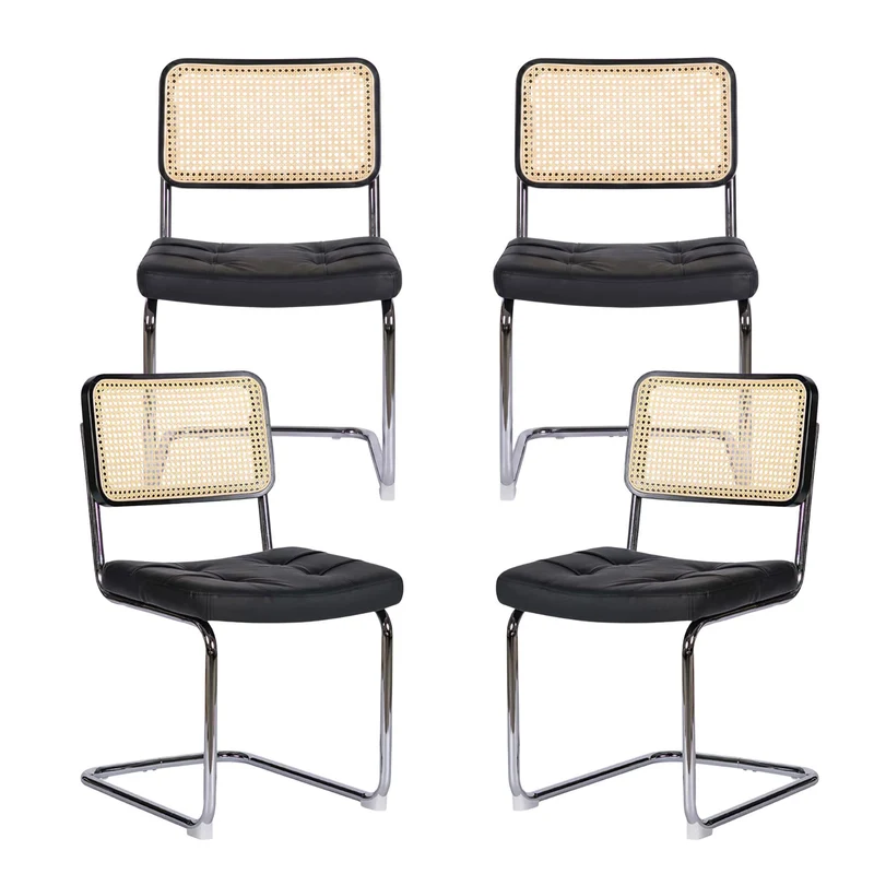 Lot de 4 chaises de salle à manger Breuer en PU noir et dossier en rotin, pieds chromés PLANTLITE