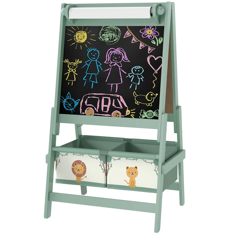 Chevalet pour enfants 3 en 1 recto verso 54 x 46 x 94 cm porte rouleau rangement pratique scandinave en bois de pin vert 21_0000709