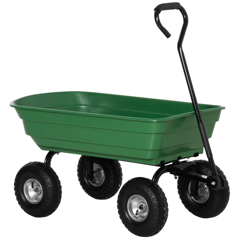 Chariot de jardin remorque à main 108 x 52 x 100 cm capacité 250 kg bac basculant industriel contemporain en acier vert 21_0007114