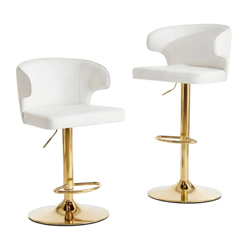 Lot de 2 tabourets de bar blancs en PU pivotants 360° et repose-pieds dorés PINEPRO