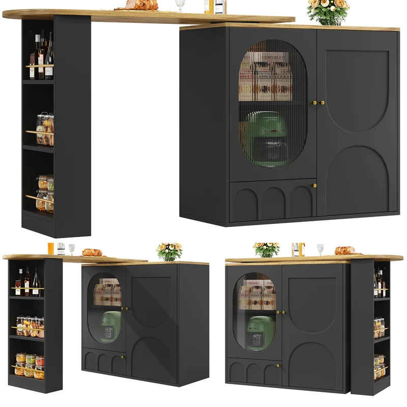 Table de bar pivotante 360° effet bois noir 3 portes, îlot de cuisine extensible MODERNSOFAHOME