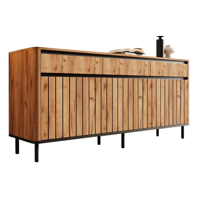 Buffet effet chêne 3 tiroirs et 3 portes cannées 160×40×73cm MODERNCREDENZAHOME