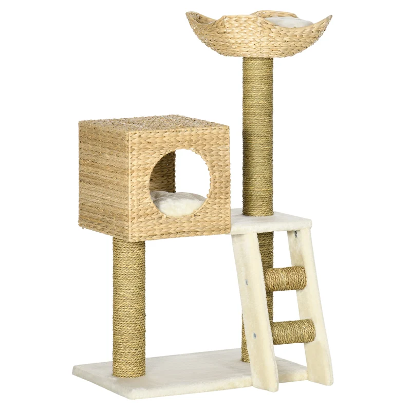 Protochronicler Arbre à chat 100,5 cm naturel avec maisonnette, lit, escalier et poteaux en sisal pour petits chats