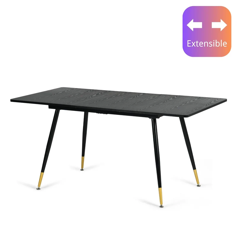 Table de salle à manger rectangulaire extensible noir effet bois de style scandinave pieds points dorés 120-160 WHALEN DARK WOOD STRETCH TABLE BG