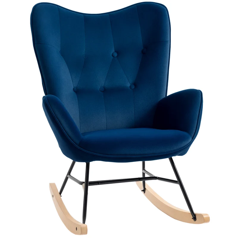 Fauteuil à bascule à oreilles salon 65 x 70 x 96 cm assise profonde dossier haut confortable vintage en velours bleu 21_0003047