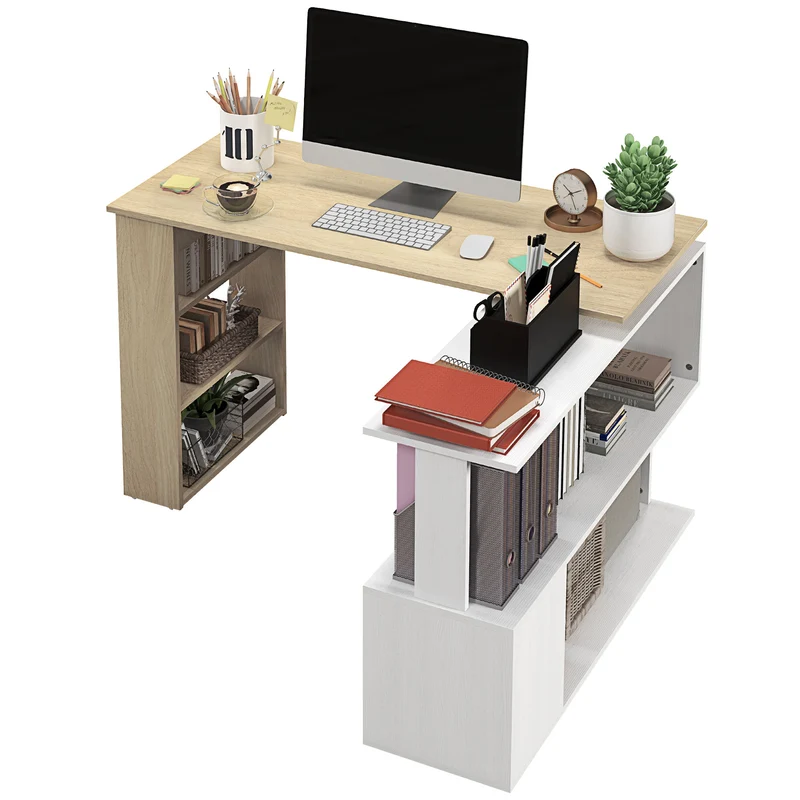 Bureau d'angle modulable 120 x 110 x 74,5 cm étagère 3 niveaux pivotante rangements gain place moderne en mélaminé blanc 21_0002404