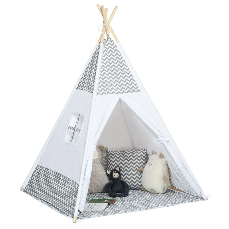 Tente de jeu tipi enfant 1,2 x 1,2 x 1,55 m porte refermable tapis rembourré coussin inclus scandinave en polyester gris 21_0000292