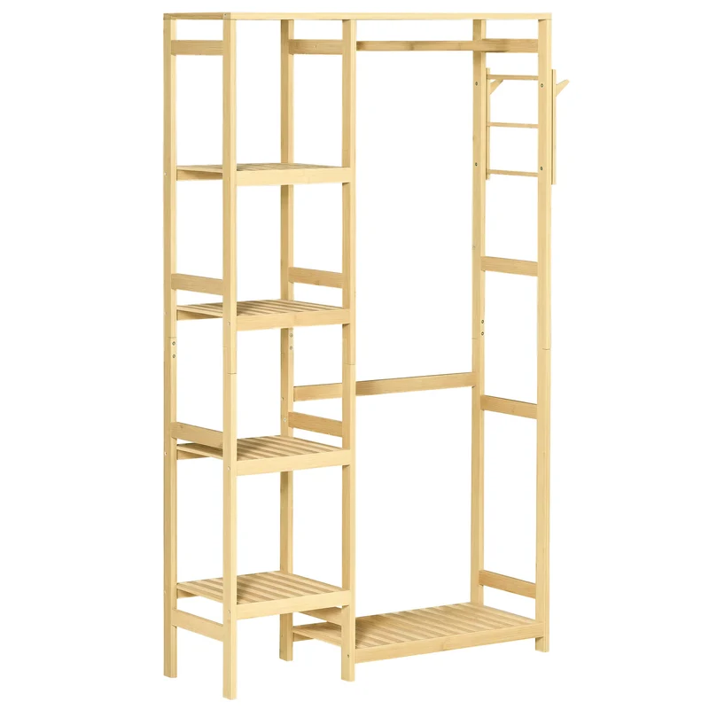 Penderie porte-manteaux 90 x 30 x 155 cm avec étagères tringle et 2 patères anti-basculement épuré en bambou bois naturel 21_0005786