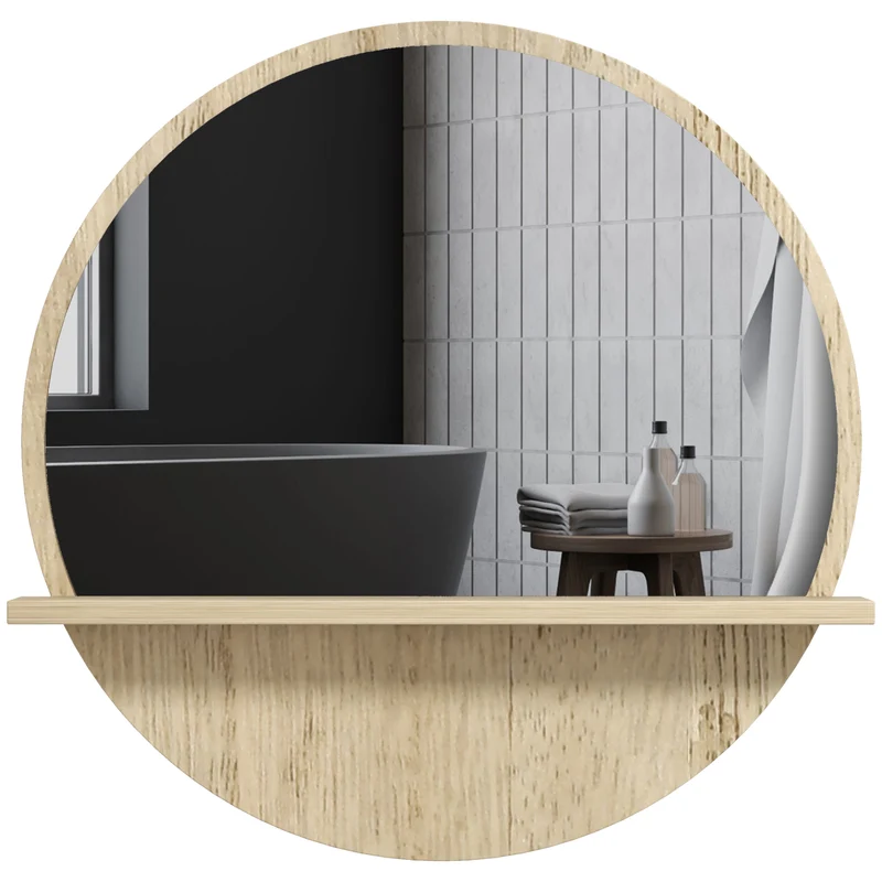 Miroir rond mural salle de bain avec étagère 45 x 45 x 10 cm rangement mural épuré en panneau de particules bois naturel 21_0001978