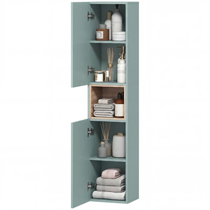 Meuble colonne salle de bains 30 x 24 x 140 cm rangement optimisé étagères réglables moderne scandinave en MDF vert 21_0002134