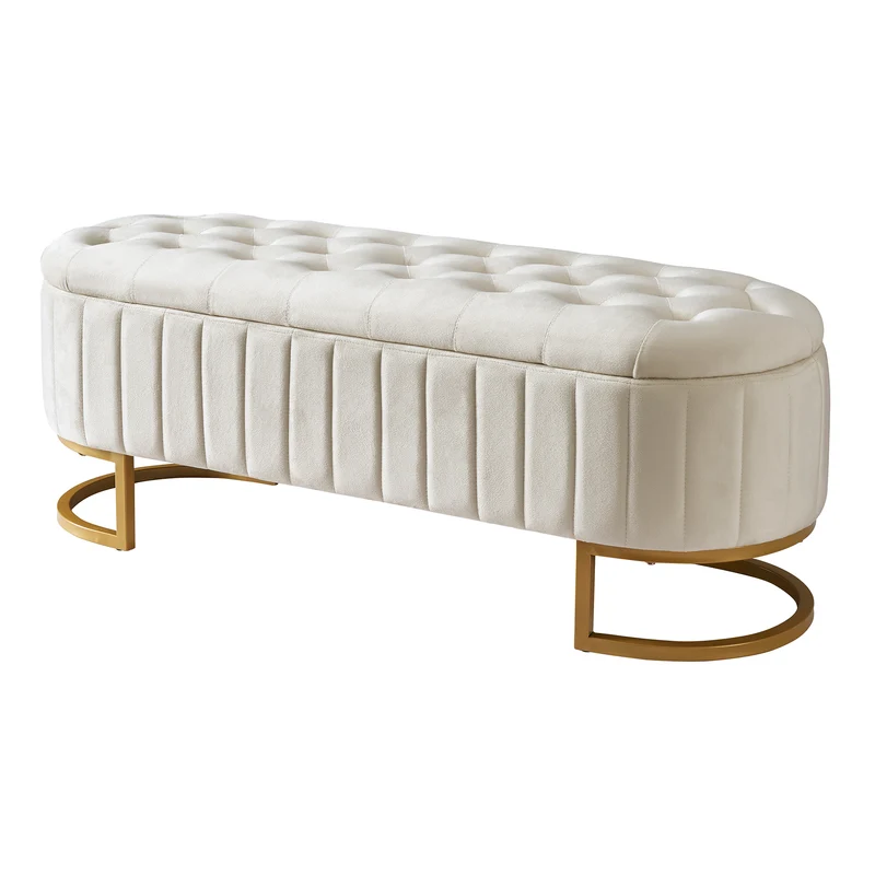 Banquette pouf capitonné en velours beige avec pieds dorés RIFTRYLATHYN
