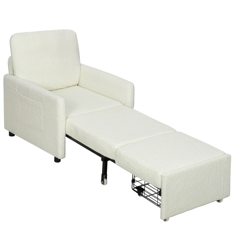 Fauteuil convertible 1 place lit d'appoint assise large rembourrée 72 x 85,5 x 91 cm moderne cosy en polaire crème 21_0003572