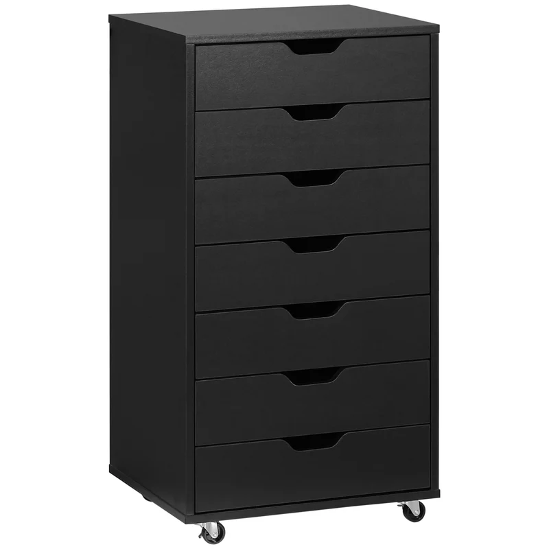 Caisson de bureau mobile rangement 47,5 x 39,5 x 90 cm 7 tiroirs roulettes freins moderne en panneau de particules noir 21_0006387