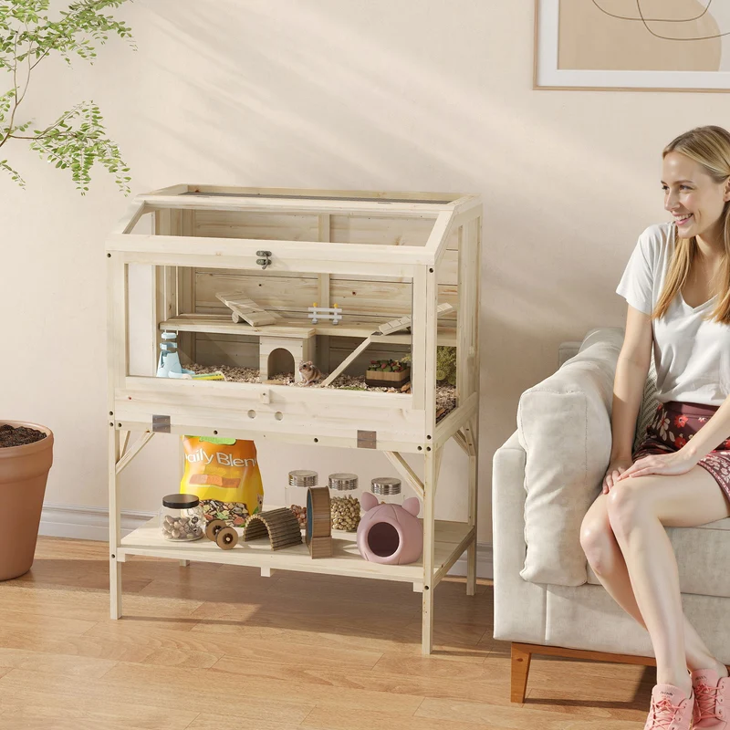 Cage hamster 84 x 53 x 110 cm à deux niveaux étagère couvercle ouvrant ventilation style scandinave en bois naturel 21_0008013