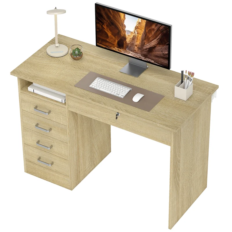 Bureau 5 tiroirs 110 x 50 x 76 cm tiroir verrouillable rangement utile style contemporain en panneau de particules chêne 21_0002494
