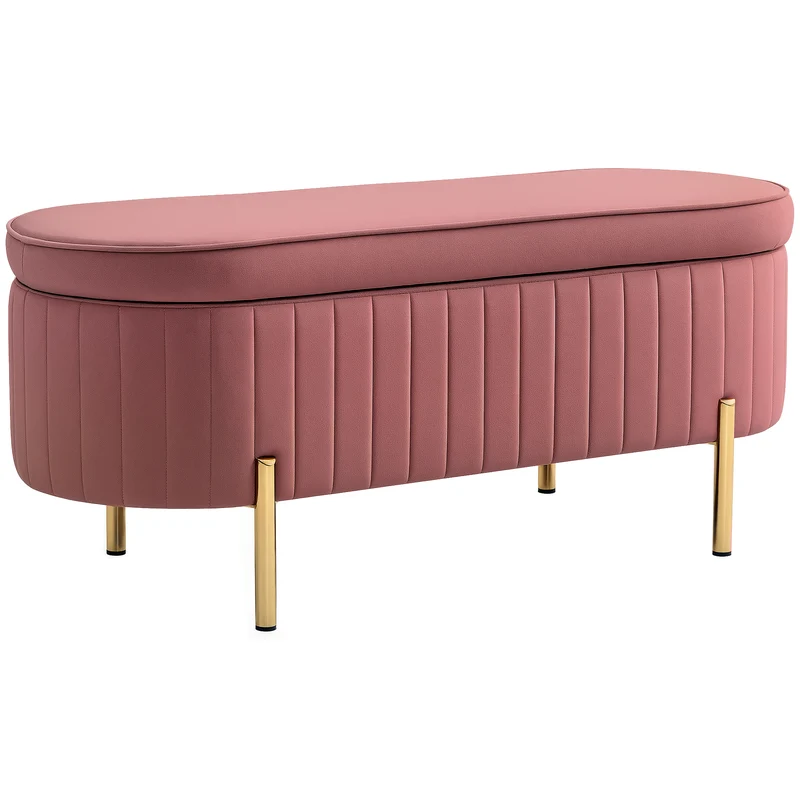 Banc de rangement ovale chambre 108 x 44 x 43,5 cm coffre 72 l assise rembourrée capitonné contemporain en velours rose 21_0001657