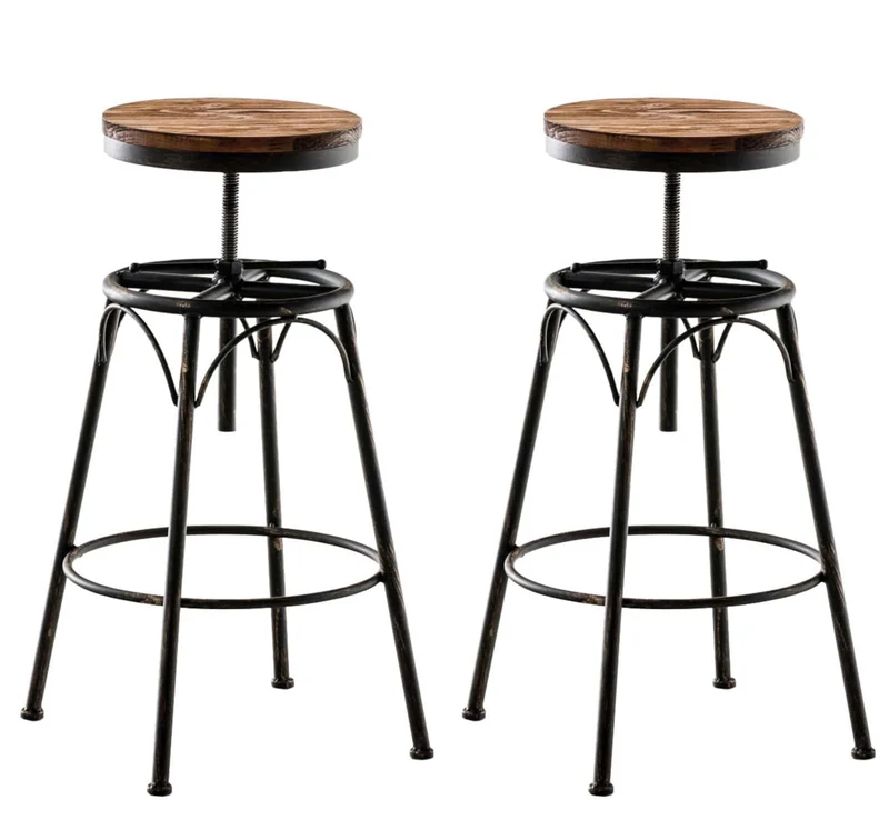 Lot de 2 tabourets de bar style industriel contemporain hauteur réglable en métal bronze et assise en bois clair 10_0004018