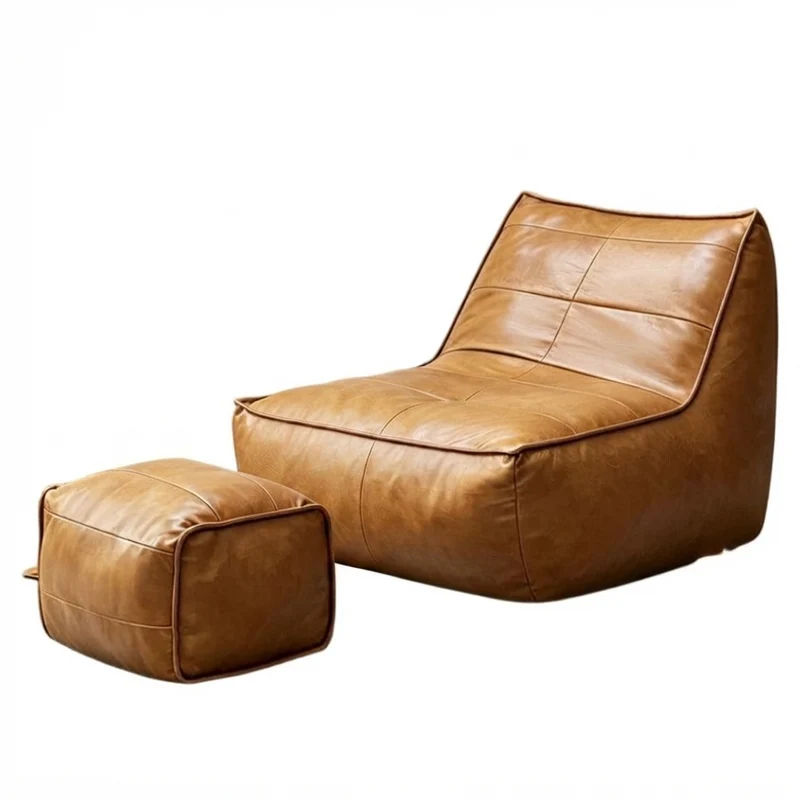 Fauteuil ergonomique vintage avec repose-pied assorti, tissu technique effet cuir marron MINIMALISTCLOCKHOME