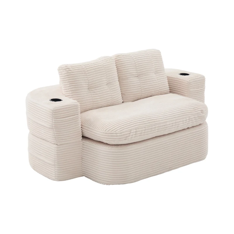 Fauteuil canapé convertible modulable en velours côtelé beige avec porte-gobelets intégrés MINIMALISTCUSHIONART