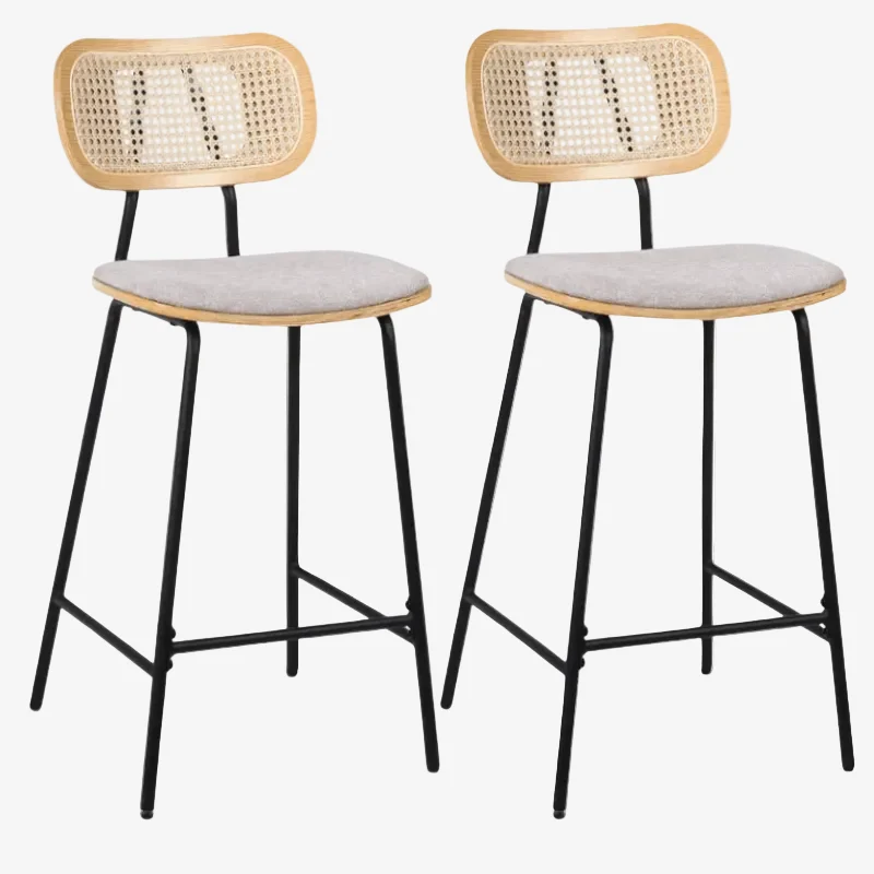 Pack 2 Taburete de bar H65 madera natural, ratán y tela beige Alan