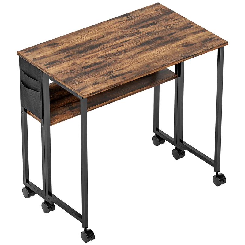 Bureau pliable sur roulettes 80 x 50 x 75 cm gain de place étagère sac latéral 4 freins moderne en MDF brun rustique 21_0002533