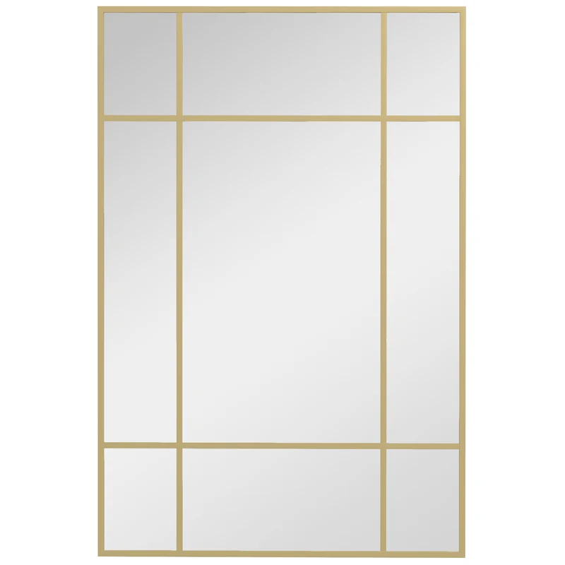Miroir mural verrière rectangulaire 90 x 2 x 60 cm agrandit et illumine avec 4 crochets style industriel en métal doré 21_0001348