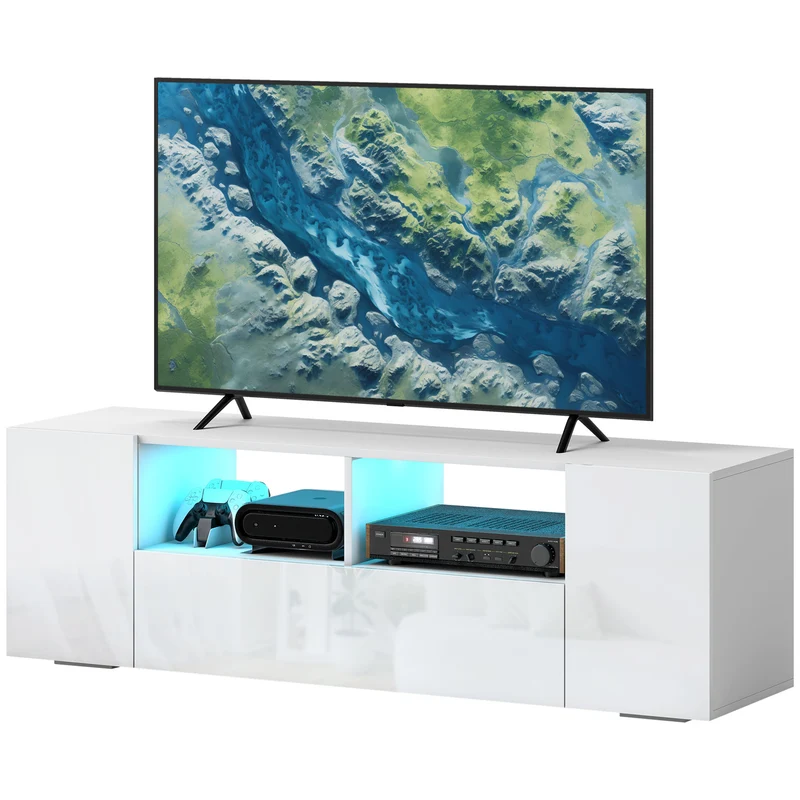 Meuble tv jusqu'à 60 pouces 137 x 35 x 42 cm rangement avec placard éclairage led moderne en panneau de particules blanc 21_0003108