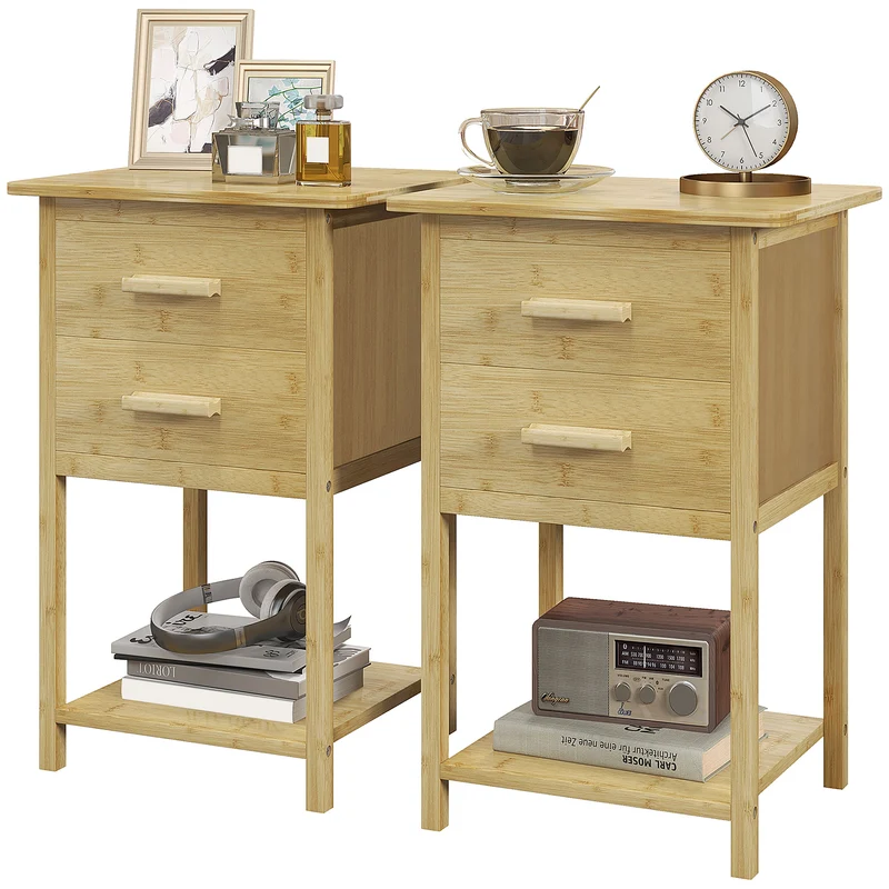 Lot de 2 tables de nuit 40 x 34 x 60 cm rangement optimisé finition vernie style scandinave épuré en bambou naturel 21_0001590