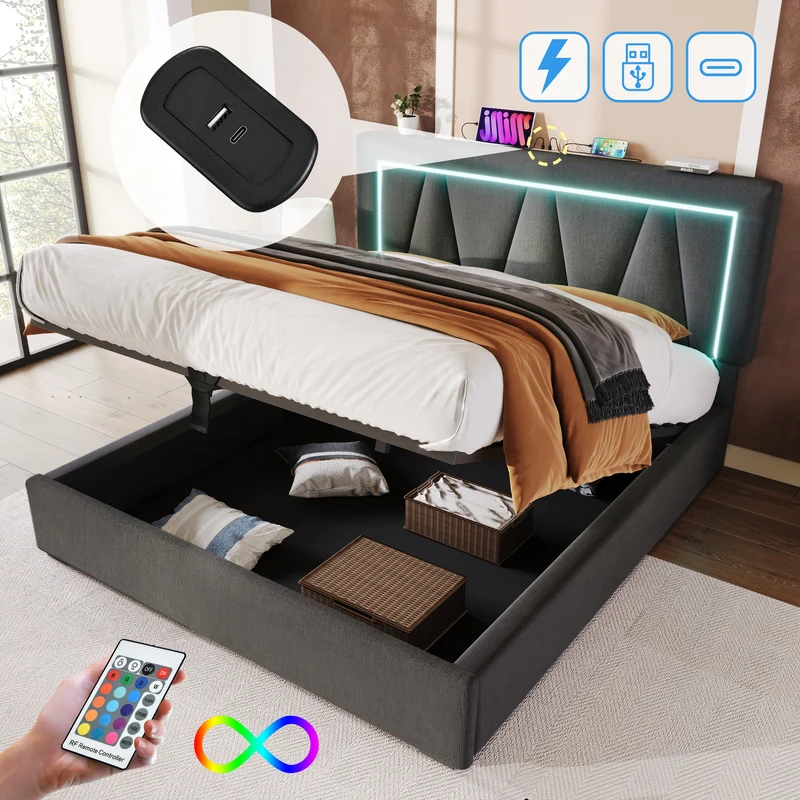 Lit double 140x200 cm en lin gris avec LED, rangement, tête de lit réglable, ports USB & Type C – Sommier inclus, sans matelas