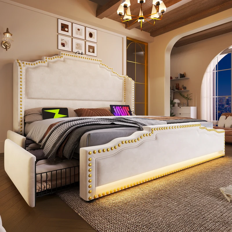 Lit double 140x200 en velours beige avec LED, 4 tiroirs, ports USB-C, tête de lit vintage, sans matelas