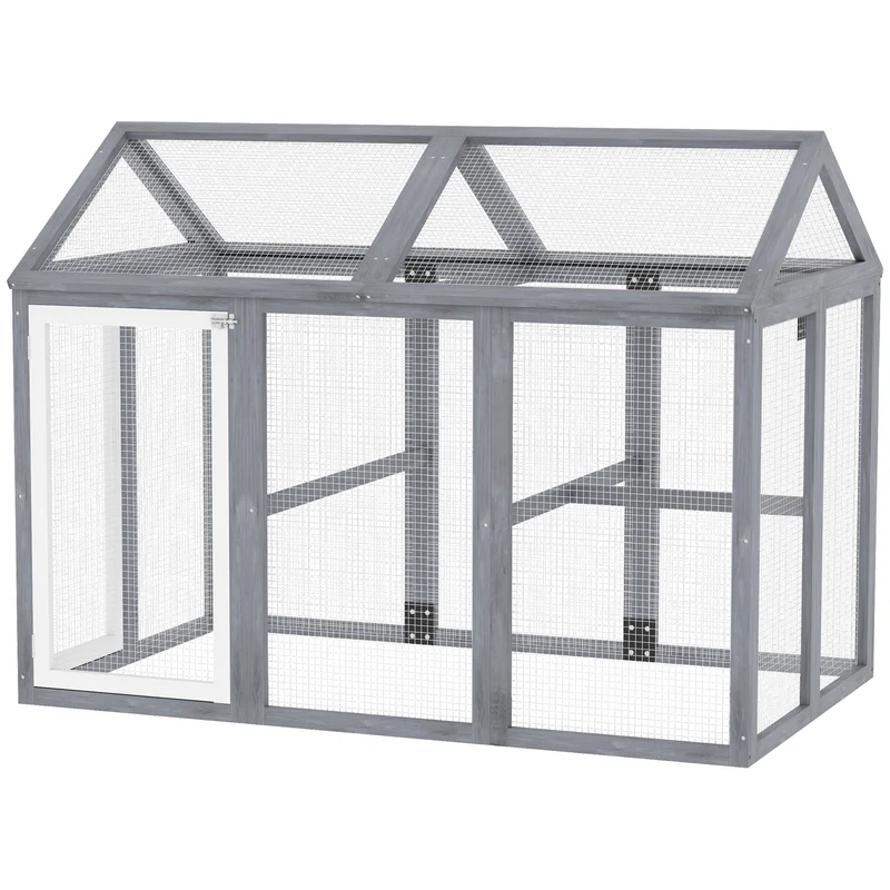 Enclos poulailler extérieur grillagé 140 x 88,5 x 106 cm portes verrouillables sécurité aération rustique en bois gris 21_0007959