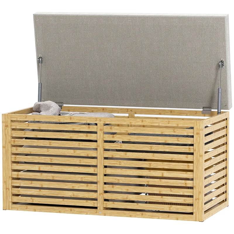 Banquette coffre de rangement salon 90 x 42 x 43 cm 122 l siège rembourré mousse haute densité moderne en bambou gris 21_0002958