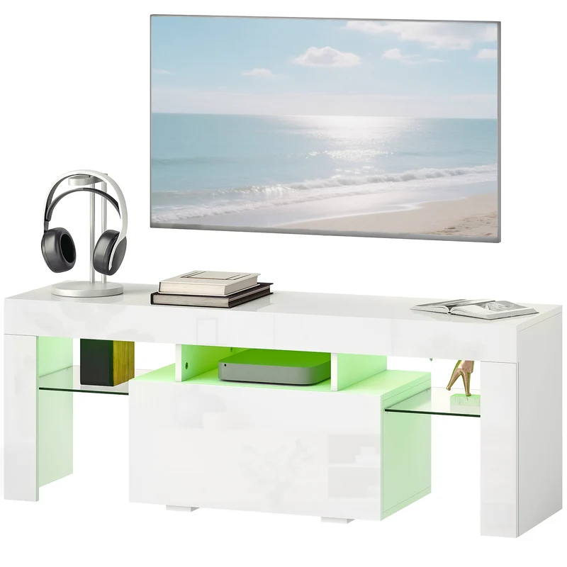 Meuble télévision 120 x 34 x 45 cm éclairage led modulable rangements multifonctionnels design moderne épuré en MDF blanc 21_0003576