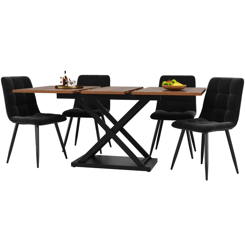 Ensemble table à manger extensible effet noyer et 4 chaises en velours noir LAMP ZONE