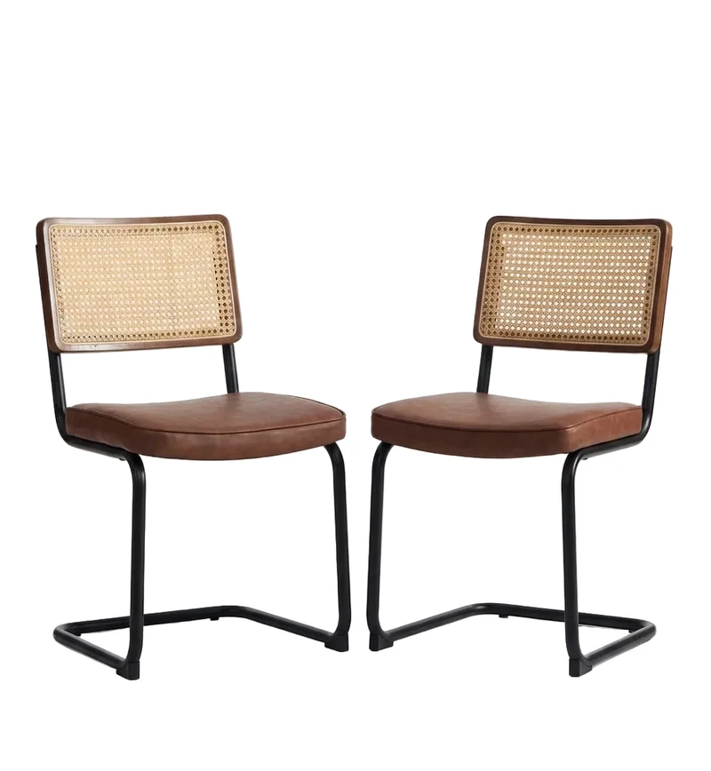 Lot de 2 chaises de salle à manger marron PU en cannage rotin, style breuer, structure acier chromé noir MINIMALISTMETALPLUS
